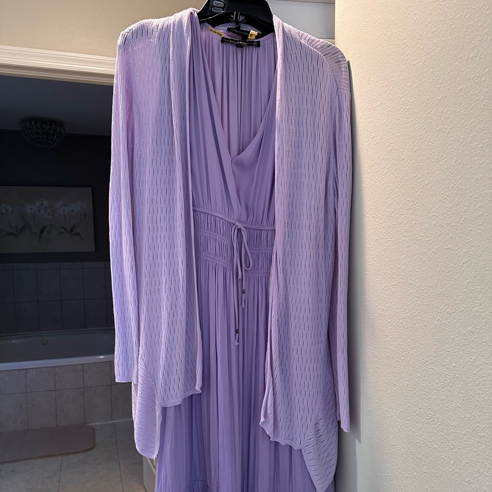 EUC WHBM LILAC DRAWSTRING DRESS W/MATCHING LIGHT SWEATER SZ M(dress), LG Sweater